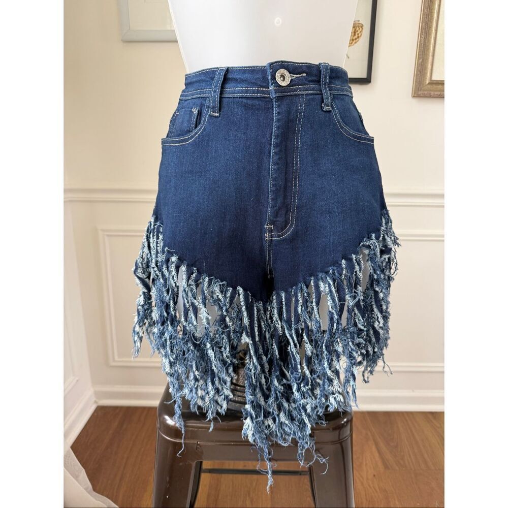 Swank A Posh Long Fringe High Rise Denim Festival Shorts Blue M